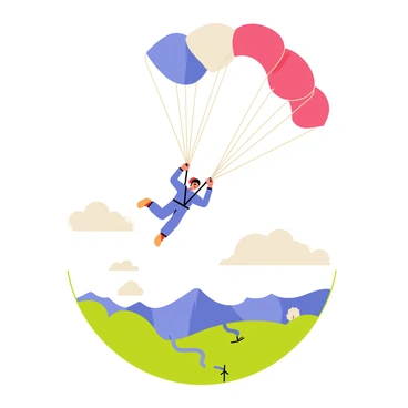 A skydiver wearing a bright blue jumpsuit is descending through the sky. The parachute is open and features bold red, white, and blue colors in alternating sections. Fluffy white clouds surround the skydiver as they glide downwards. Below, a landscape of green fields and a winding river can be seen. A few small trees dot the ground, and a distant mountain range is visible in the background. The scene captures the thrill and excitement of skydiving with an atmosphere of patriotism.