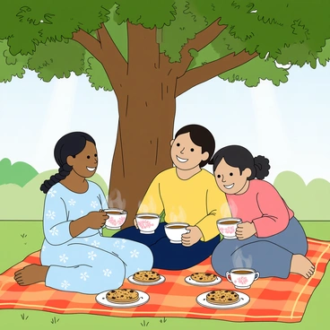 Kartini is sitting on a colorful picnic blanket with her friends, all smiling and laughing together. She has dark hair styled in a braid and is wearing a light blue dress with floral patterns. Her friends are diverse, with one wearing a yellow shirt and another in a pink blouse. They are holding teacups filled with steaming tea, each with different designs. The large tree above them has a thick trunk and lush, green leaves that provide shade. Sunlight filters through the branches, creating dappled light on the ground. Around them, there are small plates with an assortment of treats like cookies and fruits. The atmosphere is lively and full of joy.