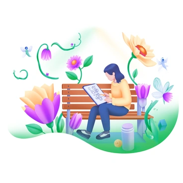 A writer is seated on a comfortable wooden bench in a whimsical garden. The writer, wearing a cozy sweater, is focused on drawing in an open sketchbook. Around the bench, vibrant and unusual plants bloom, featuring oversized, colorful flowers and twisting vines. Small magical creatures, such as fairies with delicate wings and tiny, playful spirits, flit around the garden, adding a sense of wonder. Sunlight filters through the leaves, casting dappled shadows on the ground. The scene is lively, filled with the colors of nature and imaginative elements.
