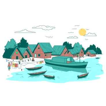 A teal barge is moored gently at the edge of a tranquil fishing village. The village features several traditional huts made of wood, each with slanted roofs and colorful decorations. In the foreground, fishing nets are hung out to dry, and a few small boats are bobbing on the water nearby. The scene captures the calmness of the setting sun, casting soft shadows across the village. A few villagers can be seen walking along the shore, engaging in their daily activities.
