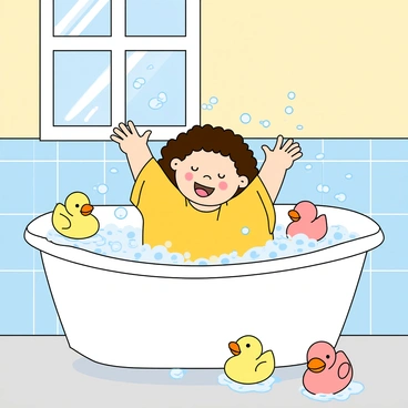A cheerful baby girl with curly hair is joyfully splashing in a large white bathtub filled with bubbles. The tub is surrounded by colorful rubber ducks floating on the surface of the water. The baby girl is wearing a bright yellow bath towel wrapped around her, with her arms raised in excitement. Bubbles are popping all around her, some catching the light and sparkling. The bathroom has light blue tiles and a window letting in soft, warm sunlight.
