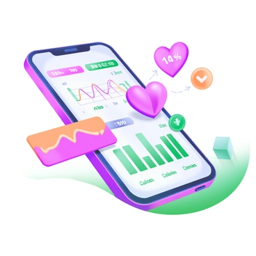 A smartphone screen displaying a heart fitness tracking app. The app interface shows various graphs representing heart rate data, including a line graph and bar charts. The background of the smartphone is sleek and modern with rounded edges, and the screen has vibrant colors highlighting the data. Additionally, there are icons for steps counted, calories burned, and a heart symbol prominently featured on the screen.