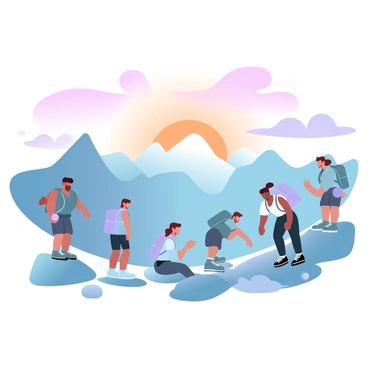 A group of hikers is standing on a mountain trail, overlooking a vast landscape. The hikers are wearing outdoor gear, including backpacks and hiking boots. They are positioned at different spots along the trail, with some sitting on rocks while others are standing. In the background, the sky is filled with vibrant gradient pastel colors of orange, pink, and purple as the sun begins to rise above the horizon. The rugged mountain peaks are silhouetted against the colorful sky, and a few wispy clouds catch the morning light. The scene captures a sense of adventure and the beauty of nature.