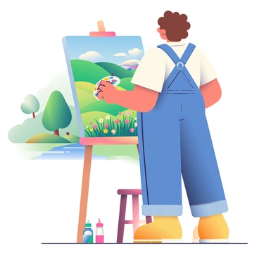 An illustrator with light skin and curly brown hair is standing next to an easel, focused on painting a vibrant landscape. The easel holds a large canvas featuring a bright blue sky, rolling green hills, and a field of multicolored flowers. The illustrator is wearing a white shirt and denim overalls, and is holding a palette filled with various colors in one hand while using a brush in the other. Tubes of paint are scattered around the base of the easel, and a small wooden stool is positioned nearby. In the background, there are trees with lush green leaves and a clear river flowing through the scene.