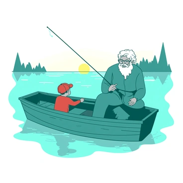 A teal grandfather is sitting on a wooden fishing boat with his young grandson, who is wearing a red cap. The grandfather has a grey beard and is holding a fishing rod, while the grandson is eagerly looking into the water. The tranquil lake reflects the soft, early morning light, creating a serene atmosphere. In the background, there are faint outlines of trees with a hint of yellow in the sky as dawn breaks. The boat is gently bobbing on the calm water, and the scene is filled with a sense of connection between the two.