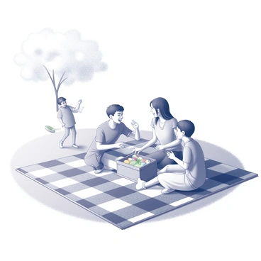 A family gathered on a large checkered picnic blanket spread out on a grassy area. The picnic basket is open, revealing a variety of food items such as sandwiches and fruit. In the background, two children are playing with a frisbee, their laughter and excitement evident in their movements. The scene is filled with the light of a "sunny day", creating a cheerful atmosphere. A nearby tree casts a soft shadow over part of the blanket, providing a comfortable spot for the family as they share their meal.