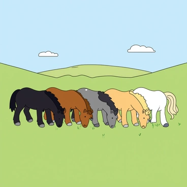A small herd of ponies grazes together on a wide, open plain covered in green grass. There are five ponies, each with a different coat color: one is a shiny black pony, another is a chestnut brown, a third is a dapple gray with white spots, a fourth is a palomino with a golden coat, and the last is a white pony with a flowing mane. The ponies have their heads down, nibbling at the grass. A few fluffy white clouds float in the blue sky above them, and in the distance, gentle hills can be seen. The scene is lively, showcasing the ponies interacting closely within their small group.