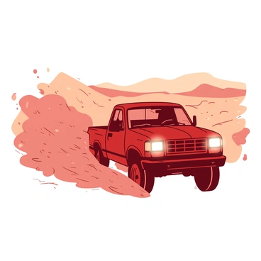 A red truck is driving through a swirling desert dust storm. The truck's headlights are on, piercing through the thick cloud of dust. The dust particles create a hazy, orange atmosphere around the truck, adding to the intensity of the scene. In the background, the desert landscape is barely visible, with sand dunes partially obscured by the storm. The truck's tires are kicking up sand as it plows forward, showcasing its determination against the elements.