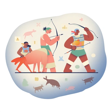 A rocky surface features ancient rock paintings portraying hunters holding bows and arrows. The hunters are depicted in dynamic poses, showcasing their athleticism and focus. They are dressed in simple clothing, resembling animal hides. Surrounding the hunters are various animals, such as deer and wild boars, depicted in mid-motion, emphasizing the action of the hunt. The colors of the paintings are earthy tones of red, brown, and ochre, blending harmoniously with the natural rock background. Some symbols and shapes are etched alongside the figures, suggesting a deeper cultural meaning behind the artwork.