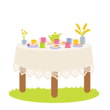 A charming outdoor tea party setup featuring a round wooden table draped with a white lace tablecloth. The table is adorned with various teacups and saucers in pastel colors. A teapot sits at the center, surrounded by delicate pastries and sandwiches on small plates. Goldenrod flowers decorate the table, with vibrant yellow blooms in small glass vases. Green grass is visible underneath the table, and a clear blue sky is in the background, creating a sunny atmosphere.
