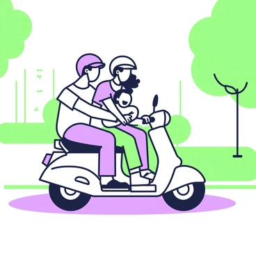 A family of three on a gas moped, with a child giggling in the back seat