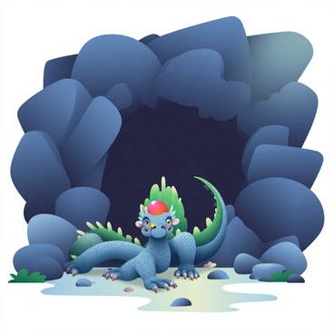 A dark cave entrance is situated amidst rugged rocks, casting deep shadows. In front of the cave, there is a large, intricately carved stone dragon standing vigilant. The dragon has fierce features and detailed scales, with its eyes resembling vibrant dragon balls, glowing brightly. The surrounding ground is littered with small stones and patches of moss, while faint hints of light peek from within the cave, adding contrast to the dark surroundings. The atmosphere is tense and waiting, as if the dragon is ready to protect the cave at any moment.