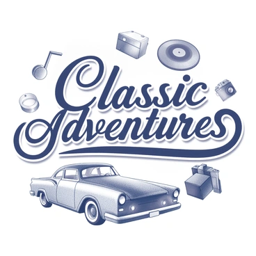 A vintage poster design featuring bold, dynamic typography that reads "Classic Adventures" prominently at the center. Surrounding the text are illustrations of iconic retro elements, including a classic car, a vinyl record, and a vintage camera. Each element is detailed with distinct outlines, emphasizing their shapes and forms. The overall composition is balanced, creating a harmonious arrangement of text and imagery. A simple border frames the poster, enhancing its classic appearance.