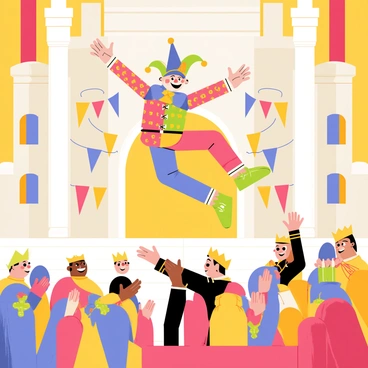 A court jester performing acrobatics in front of a cheering royal audience.