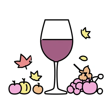 A clear wine glass filled with deep red wine is positioned at the center of the composition. Surrounding the glass are various autumn leaves in shades of red, orange, and yellow, scattered artfully across the surface. Seasonal fruits such as small pumpkins, apples, and clusters of grapes are arranged nearby, adding a rich contrast in color and texture. The scene captures the essence of autumn, with the leaves and fruits complementing the elegant shape of the wine glass.