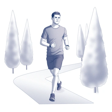A man walking briskly along a fitness path, making purposeful strides. He has short hair and is wearing a fitted athletic shirt and shorts, indicating he is engaged in exercise. On his left wrist, there is a fitness tracker displaying various metrics. The path is lined with trees on either side, providing a natural environment for his workout. The man has a focused expression, embodying determination and a commitment to fitness.
