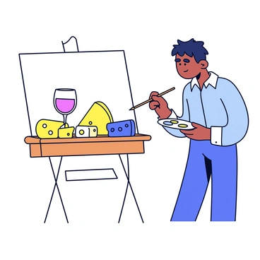 An artist is standing in front of an easel, focused on painting a still life. The still life includes a selection of cheeses arranged artfully on a wooden table. There are different types of cheeses, such as a round Brie, a wedge of sharp cheddar, and a block of blue cheese. Next to the cheeses, there is a clear wine glass filled with red wine reflecting the light. The artist has a palette in one hand and a brush in the other, carefully adding details to the canvas. The background is softly blurred, emphasizing the artist's work.