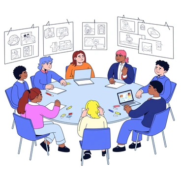 A group of students gathered around a large table, each focused on their individual projects. Some students are sketching characters on blank sheets of paper, while others are discussing storyboards with animated expressions. Various colored pencils and markers are scattered across the table. One student has a laptop open, displaying animation software, while another is holding a tablet with a drawing app. The room is filled with drawings pinned on the walls, showcasing character designs and scene layouts.