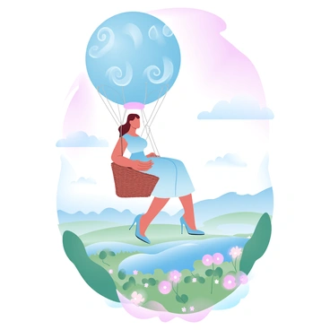 A Gibson girl in an elegant dress is sitting in a hot air balloon's wicker basket. The hot air balloon is brightly colored with swirling patterns. Below her, a picturesque landscape spreads out, featuring rolling hills, vibrant fields of flowers, and a winding river. The sky above is a gradient of soft pastel colors, transitioning from light pink to pale blue. Wispy clouds float gently, and the sun casts a warm glow over the entire scene. The Gibson girl holds onto the basket as she gazes out at the beautiful scenery.