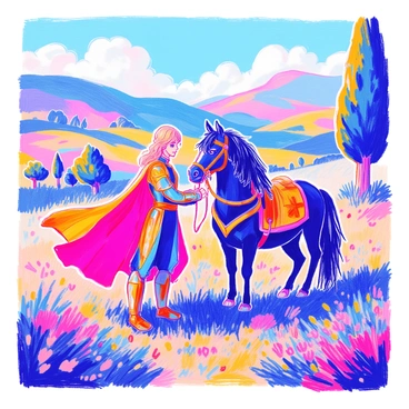 A hero in a shining suit of armor is gently stroking the mane of a loyal steed. The steed is a majestic creature with a shiny black coat and a flowing mane that glimmers in the light. The hero has a determined expression, and their cape billows slightly in the breeze. The setting shows a picturesque landscape with rolling hills and a clear blue sky. Nearby, a few trees provide shade, and wildflowers add color to the ground. Both the hero and the steed appear poised and ready for their next adventure.