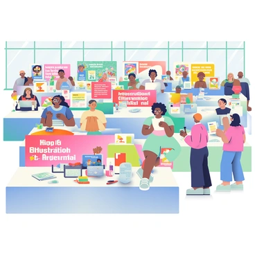 An illustration career fair is set up in a large, open space filled with natural light. Various booths are arranged in a grid pattern, each adorned with bright banners that showcase different freelance opportunities for budding artists. One booth features a friendly representative with light brown hair wearing glasses, who is speaking to an eager young woman with curly, black hair, and a sketchbook in her hands. Nearby, a booth displays colorful prints and portfolios, with two artists discussing their work in animated conversation. In the background, several attendees mingle, while others are engaged in conversations with booth representatives. The atmosphere is lively and inviting, with an array of art supplies and promotional materials visible on the tables.