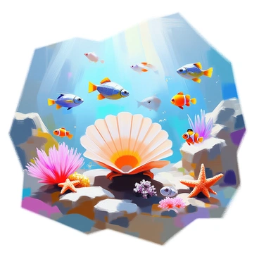 A bustling underwater scene filled with vibrant marine life. At the center, a cluster of scallop shells is surrounded by a variety of sea creatures, including colorful fish darting past, a graceful sea turtle gliding through the water, and a school of shimmering small fish swimming in formation. Nearby, a bright orange clownfish is nestled among swaying sea anemones, while a starfish clings to a rocky surface. The sunlight filters down from above, casting gentle rays through the clear blue water, illuminating the diverse flora and fauna of the ocean floor.