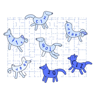 A collection of imaginary creatures made from strings of digital code. Each creature has a unique shape, incorporating numbers and letters that form their bodies. Some creatures have elongated forms with flowing lines of code, while others are compact and geometric. The background features a grid pattern that resembles a digital interface, adding to the technological theme. The creatures appear to be in motion, with some swirling and twisting, while others stand still, showcasing their intricate designs.