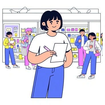 Nobara stands in a bright department store, holding a shopping list in one hand and a pen in the other. She is checking off items on the list with a focused expression. The store is filled with neatly arranged shelves stocked with various products. Nobara wears a casual outfit consisting of a simple t-shirt and jeans. Her short hair is styled neatly, and she appears engaged in her shopping task. In the background, there are other shoppers browsing the aisles.