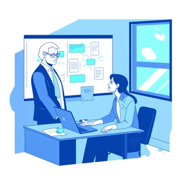 A blue office space features a mentor and a young professional collaborating on a project. The mentor, an older individual with glasses, stands next to a whiteboard filled with colorful diagrams and notes. The young professional, a person in business attire, is seated at a desk, looking up thoughtfully at the mentor. On the desk, there are an open laptop, a notepad, and a cup of coffee. The atmosphere is focused and productive, with natural light streaming in from a window, illuminating the scene.