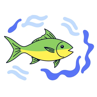 A mahi-mahi swimming gracefully through the water, its body displaying vibrant shades of green and yellow. The fish has distinctive elongated fins that flow elegantly behind it. Surrounding the mahi-mahi are abstract swirling patterns in shades of blue, reminiscent of ocean currents. The scene is lively and dynamic, capturing the essence of movement in the water.