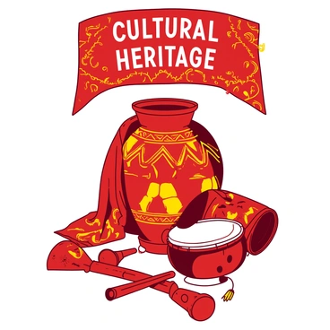 A red and yellow illustration features a large ornate vase adorned with intricate patterns and symbols from various cultures. Surrounding the vase are colorful traditional textiles draped elegantly, showcasing vibrant patterns. In the foreground, there are several traditional musical instruments, including a wooden flute and a hand drum, placed artistically. Above the vase, a banner displays the words "Cultural Heritage" in bold lettering, surrounded by smaller decorative motifs that reflect different cultural elements. The entire composition radiates a sense of celebration of global traditions.