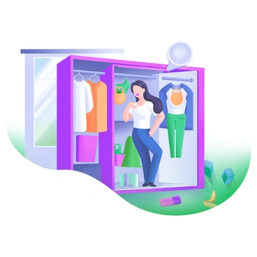 A modern pastel illustration featuring a person standing in front of a large, open wardrobe. The wardrobe is filled with various colorful outfits, including shirts, pants, and dresses. The person is depicted with a thoughtful expression, one hand resting on their chin. Soft light filters in from a nearby window, illuminating the scene and casting gentle shadows. Scattered on the floor are a few accessories, such as a pair of shoes and a handbag, adding to the decision-making moment.