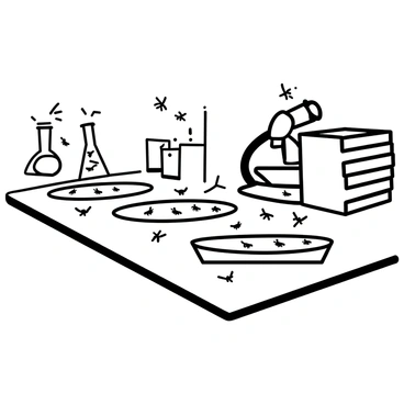 A white laboratory countertop featuring several petri dishes. Each dish contains small, dark fruit flies, also known as Drosophila, actively moving around. The dishes are arranged neatly in a row, with some labeled with handwritten notes. In the background, there are beakers and pipettes used for genetic research. A microscope is positioned nearby, with a stack of notebooks filled with research notes and sketches on the side. The lighting is bright, illuminating the delicate details of the lab environment.