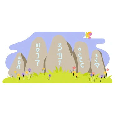 A set of five ancient stones, each featuring intricate carvings and glowing blue runes, arranged in a perfect circle on a bright green meadow. The stones vary in height and texture, with some appearing smooth while others have rough surfaces. Wildflowers in shades of yellow and purple bloom around the base of the stones, and a few butterflies with colorful wings flutter nearby. A clear blue sky above provides a vivid backdrop for this enchanting scene.