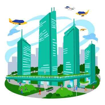 A futuristic city featuring tall, green skyscrapers with sleek, reflective glass surfaces and vertical gardens adorning the exteriors. The buildings are interconnected with elevated walkways and bridges covered in greenery. In the sky, several flying solar-powered vehicles glide smoothly, showcasing their aerodynamic designs with vibrant colors. The city is bustling with activity, with people walking on the streets below and greenery integrated throughout the urban landscape. Bright sunlight bathes the scene, highlighting the innovative architecture and advanced technology.