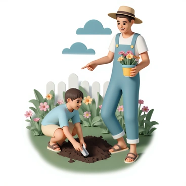 A young boy, wearing a light blue short-sleeve shirt, khaki shorts, and brown sandals, is crouched down in the soil, enthusiastically digging with a small garden trowel. His father, dressed in a white t-shirt, denim overalls, and a wide-brimmed hat, stands beside him, holding a colorful flower pot filled with bright red and yellow flowers. The garden is lush and green, with various flowering plants and a clear blue sky above, indicating a sunny afternoon. The boy looks up at his dad with a smile, while the father points to a spot in the garden where they can plant the flowers together.