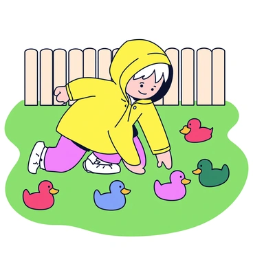 A toddler wearing a bright yellow raincoat is playing in a green backyard. The raincoat is shiny and has a hood that frames the child's face. The child is crouched down, reaching for colorful rubber ducks scattered across the grass. The ducks come in various vibrant colors, including red, blue, and green. Light reflects off the raincoat, enhancing its brightness against the greenery of the lawn. The backyard has a simple wooden fence in the background.