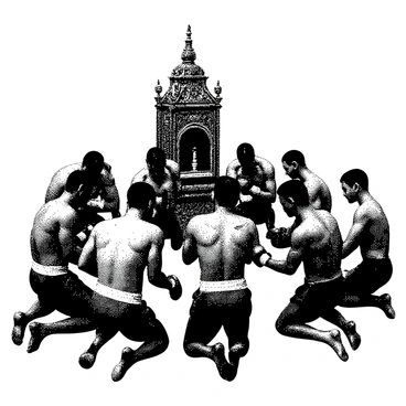 A group of Boxers, dressed in their boxing gear with gloves on, are gathered around a sacred shrine. They are kneeling together with their heads bowed in concentration, each Boxer displaying a distinct physique and expression of determination. The shrine features intricate carvings and is adorned with offerings, possibly including candles and flowers. The scene captures a moment of unity and focus, with the Boxers forming a semi-circle around the shrine, emphasizing their shared intent for victory.