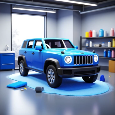 A G-Wagon parked in a high-end garage workshop. The vehicle is covered in a layer of foam as part of the detailing process. Professional-grade cleaning tools are arranged nearby, including brushes, microfiber towels, and spray bottles. Bright LED lights illuminate the scene, reflecting off the glossy paint of the G-Wagon. The walls of the garage are lined with shelves holding various detailing products. A large window allows natural light to filter in, creating a clean and organized space dedicated to vehicle maintenance.