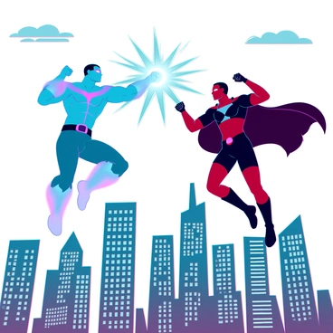 Two superheroes are engaged in an intense battle mid-air. One hero, with a muscular build and a bright blue suit adorned with silver accents, is launching a powerful energy blast from his hands. The other hero, with a sleek, dark red suit and a flowing cape, is dodging the attack while preparing to counter with a swift punch. Below them, a sprawling city skyline is visible, featuring tall skyscrapers and illuminated windows, showcasing the vibrant life of the city at dusk. High above, a few clouds are scattered across the sky, adding depth to the scene.