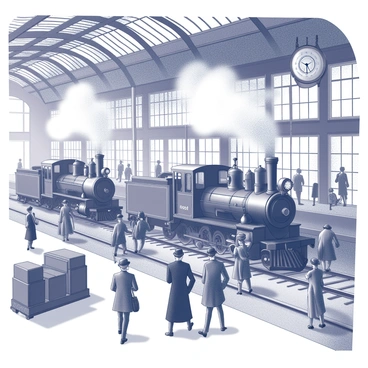 A bustling railway station filled with the energy of travelers moving about. Large steam engines are parked on the tracks, with billowing steam rising into the air. Passengers are dressed in 1920s period attire, featuring men in suits and hats, and women in elegant dresses with cloche hats. The station is adorned with period architectural details, including high ceilings with wooden beams and large, arched windows allowing light to pour in. Luggage is stacked on platform carts, and a clock hangs prominently, indicating the time. Various people are seen interacting, creating a lively atmosphere.