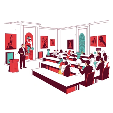 A white auction house filled with various cultural art pieces displayed on elegant pedestals and walls. There are vibrant red paintings featuring abstract designs, alongside intricate teal sculptures that capture traditional craftsmanship. The auctioneer stands at the front of the room, holding a gavel in one hand and addressing an attentive crowd. Bidders are seated at long tables, each with their own colorful bidding paddles raised, ready to participate in the lively auction atmosphere.