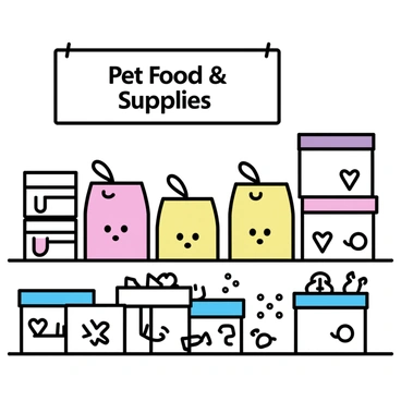 A designated area within a food bank, displaying a variety of packages filled with pet food and supplies. There are bags of dog food in different sizes, cans of cat food stacked neatly, and boxes of pet treats. Additionally, there are containers of cat litter and pet toys arranged on shelves. A sign hangs prominently, reading "Pet Food & Supplies" in bold letters. The section has a clear organizational layout, ensuring easy access for animal owners in need.
