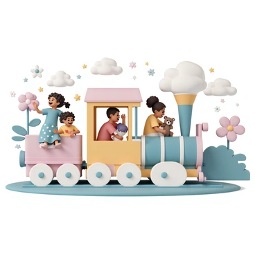 A group of three kids is riding a whimsical train. The first child, a girl, has curly hair tied in two pigtails and is wearing a bright blue dress with white polka dots. She is laughing and waving her hand excitedly. The second child, a boy, has short hair and is dressed in a red t-shirt and denim shorts. He is peering out of the train window, fascinated by the scenery. The third child, another girl, is sitting next to him, wearing a yellow shirt and a purple skirt, holding a teddy bear in her lap. The train itself has colorful carriages with playful designs, and it is traveling through dreamlike landscapes filled with oversized flowers, fluffy clouds, and sparkling stars. Soft pastel colors dominate the scene, adding to the whimsical feel of the journey.