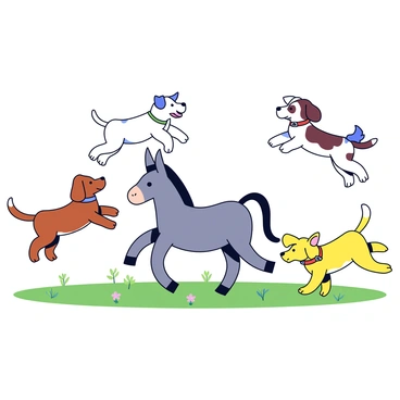 A group of playful dogs of various breeds and colors are frolicking around a calm and patient donkey. The dogs include a small brown beagle, a fluffy white terrier, and a large golden retriever. The dogs are jumping and running in different directions, with their tails wagging energetically. The donkey stands peacefully in the center, with a gentle expression and its ears perked up. The background shows a grassy field with a few scattered flowers and a clear blue sky above.