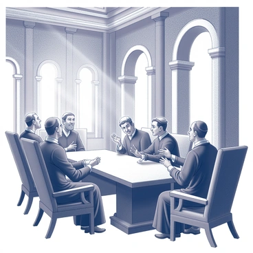 A grand chamber filled with a long wooden table at the center, surrounded by several prominent figures seated in large, ornate chairs. Each leader is dressed in traditional ancient robes, displaying distinct status and authority. The atmosphere is charged as they engage in a heated debate, gesturing emphatically and leaning forward in their seats. The walls are adorned with intricate carvings and there are tall columns supporting the ceiling above. Light streams in through a series of high arched windows, casting dramatic shadows across the room. This scene captures the intensity of the discussions among the members of the Sanhedrin council.