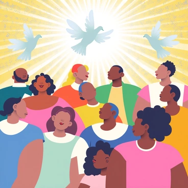 A vibrant mosaic fills the scene, showcasing a diverse group of people gathered together. The individuals have varying skin tones and clothing styles, reflecting a mix of cultural backgrounds. Above them, doves symbolizing the Holy Spirit are gracefully descending, illuminated by soft rays of light. The background features intricate patterns and colors blending seamlessly, enhancing the sense of unity among the group. Each person's expression conveys a sense of awe and reverence as they look up towards the doves. The colors of the mosaic are rich and vivid, capturing the transformative moment in striking detail.