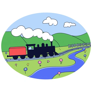 A vintage steam train with a black engine and a red caboose is traveling on iron tracks. The train emits white steam from its chimney as it moves forward. Tall green hills surround the tracks, dotted with clusters of colorful wildflowers. In the distance, there is a clear blue sky with a few fluffy white clouds. A winding river can be seen flowing parallel to the train, reflecting the sunlight. Alongside the tracks, a wooden fence runs, adding to the enchanting countryside scenery.