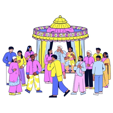 A grand Indian wedding setup featuring a vibrant mandap adorned with colorful drapes and floral arrangements. The mandap is decorated with intricate patterns and consists of ornate pillars. Guests are gathered around, wearing traditional attire; women in bright sarees and men in kurta-pajamas, showcasing a variety of colors and designs. Some guests are engaged in conversation, while others are admiring the decor. Festive lighting enhances the atmosphere, illuminating the joyful expressions of the attendees.