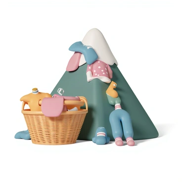 A cartoon-style mountain made entirely of various articles of clothing, including colorful shirts, pants, and socks, spilling over from a large wicker laundry basket. The mountain has a playful, exaggerated shape, with vibrant colors like bright reds, blues, and yellows dominating the fabric pieces. The laundry basket is situated at the base of the mountain, overflowing with garments that cascade down like a waterfall. A few individual items, such as a polka-dotted shirt and striped socks, are prominently featured at the summit, adding to the whimsical effect of the scene. The background is a simple, clear space to emphasize the mountain of clothes.